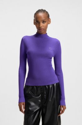 Mock-neck sweater with embroidered Happy HUGO logo, Purple