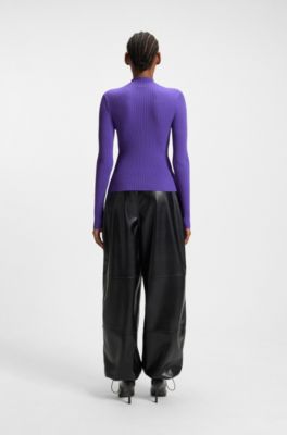 Mock-neck sweater with embroidered Happy HUGO logo, Purple