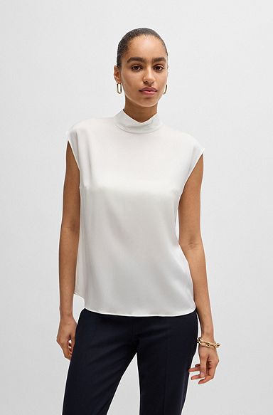Mock-neck blouse in stretch silk, White