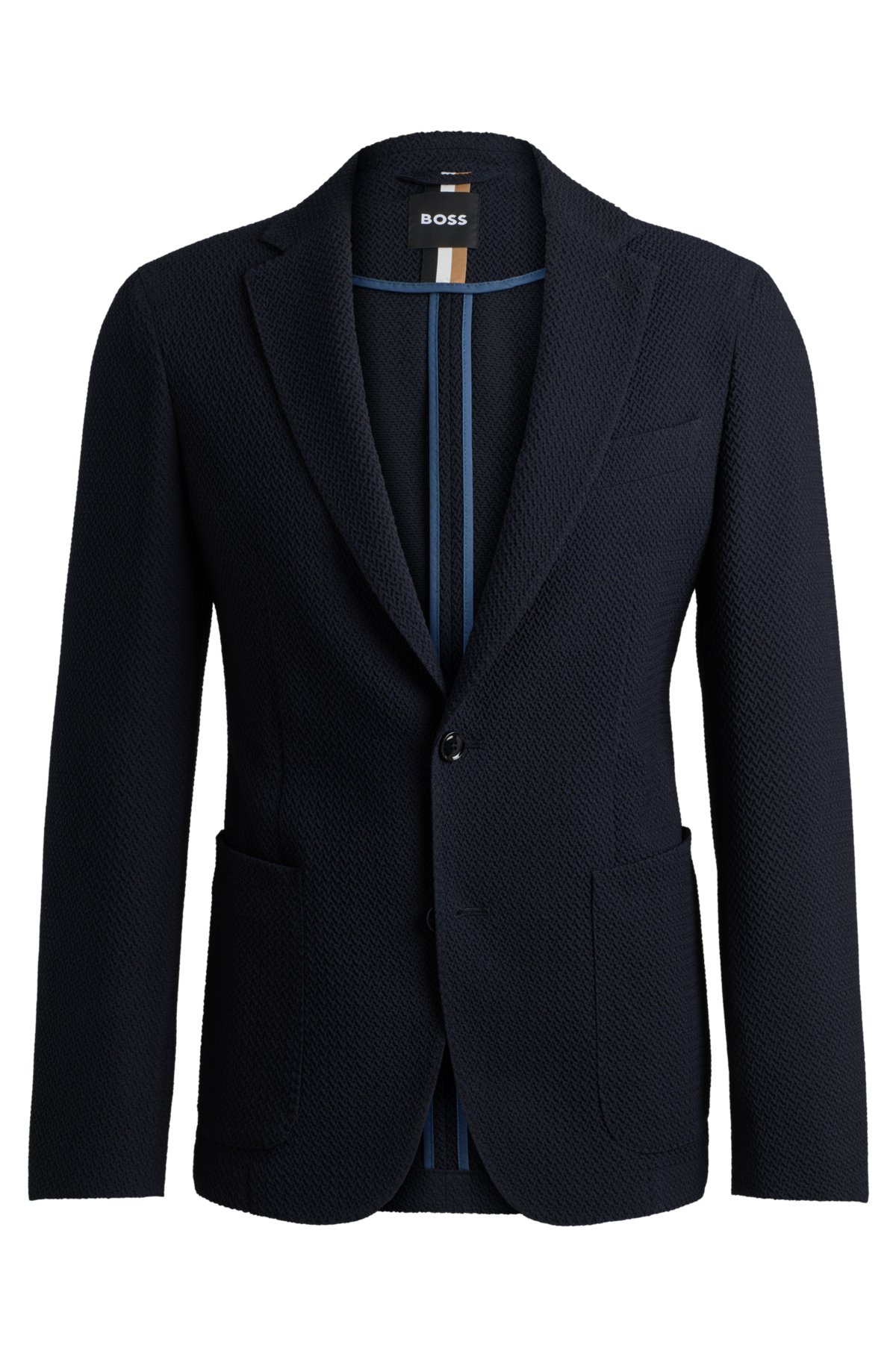 Slim-fit jacket in wool-blend seersucker fabric, Dark Blue