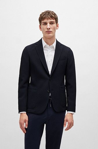 Slim-fit jacket in wool-blend seersucker fabric, Dark Blue