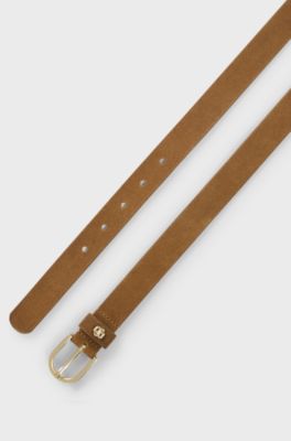 Suede belt with gold-tone Double B monogram, Brown