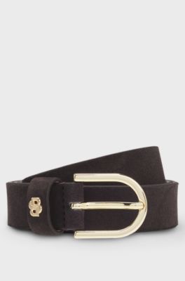 Suede belt with gold-tone Double B monogram, Dark Brown
