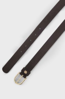 Suede belt with gold-tone Double B monogram, Dark Brown