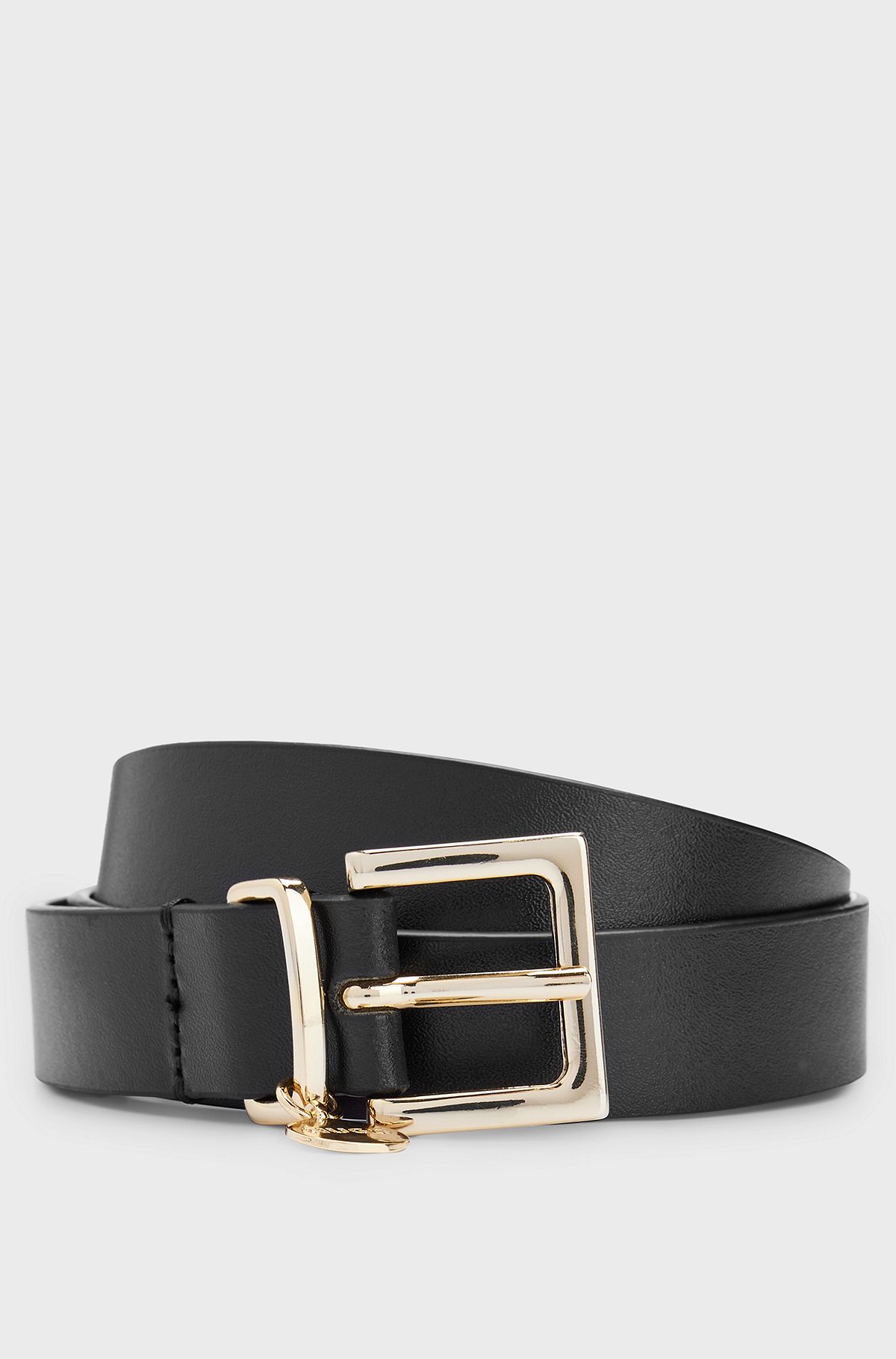 Italian-leather belt with gold-tone logo charm, Black