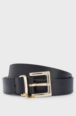 Italian-leather belt with gold-tone logo charm, Black