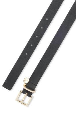 Italian-leather belt with gold-tone logo charm, Black