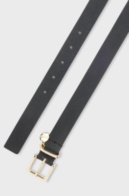 Italian-leather belt with gold-tone logo charm, Black