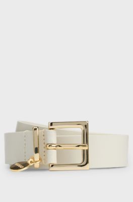 Italian-leather belt with gold-tone logo charm, Natural