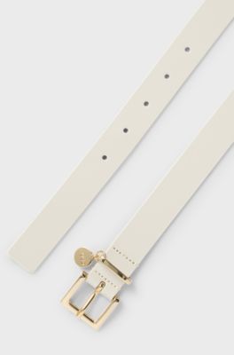 Italian-leather belt with gold-tone logo charm, Natural