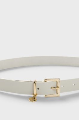 Italian-leather belt with gold-tone logo charm, Natural