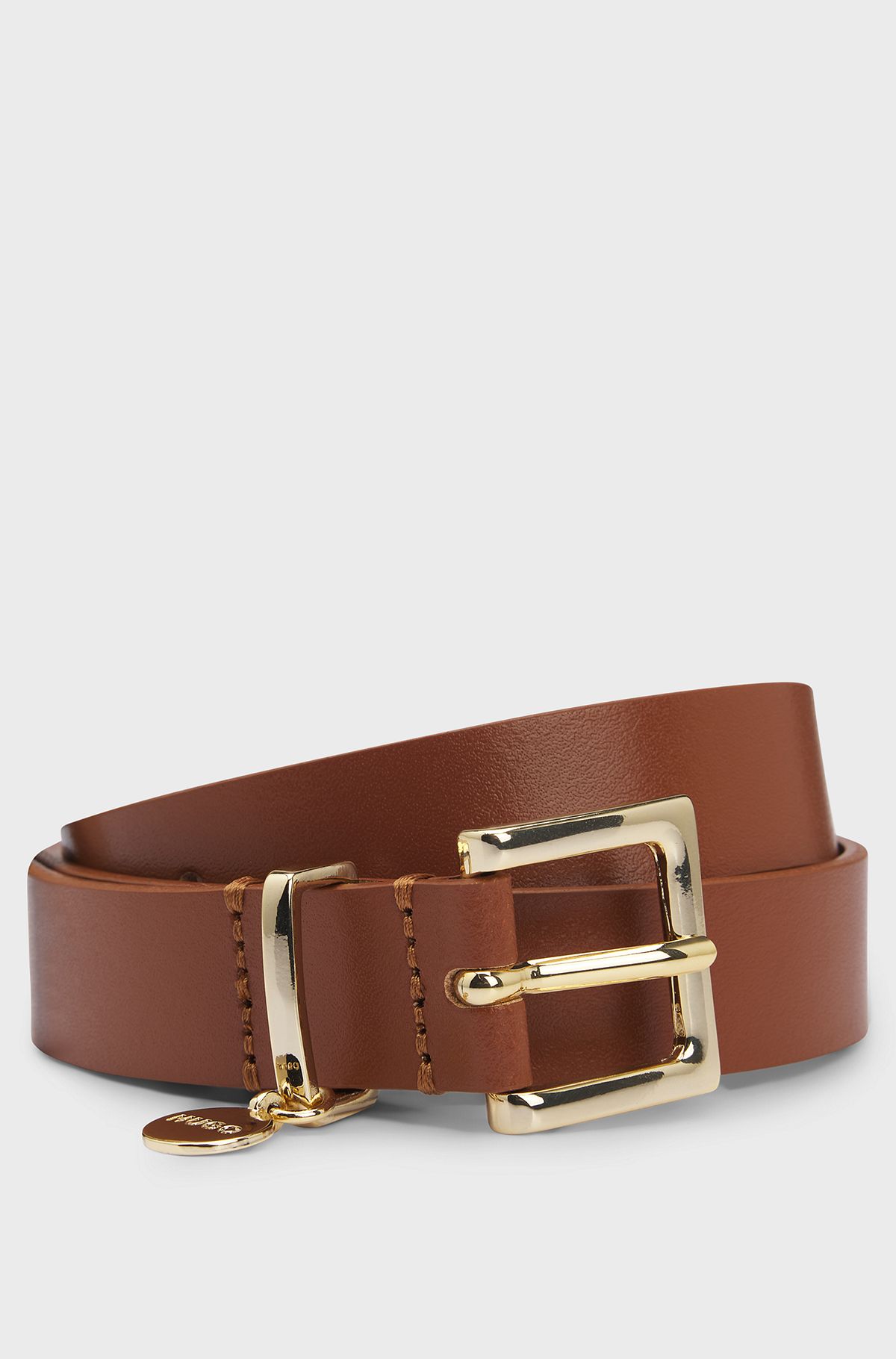 Italian-leather belt with gold-tone logo charm, Brown