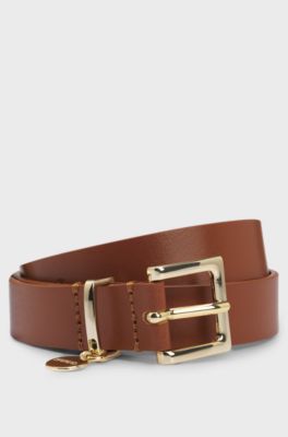Italian-leather belt with gold-tone logo charm, Brown
