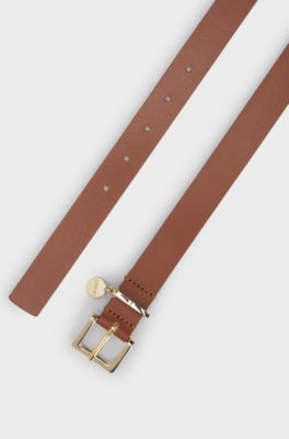Italian-leather belt with gold-tone logo charm, Brown