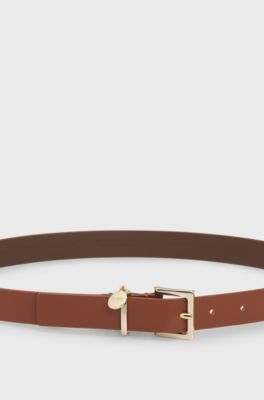 Italian-leather belt with gold-tone logo charm, Brown