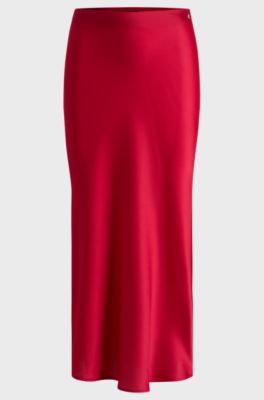 Midi-length skirt in hammered satin, Red