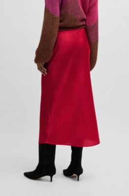 Midi-length skirt in hammered satin, Red
