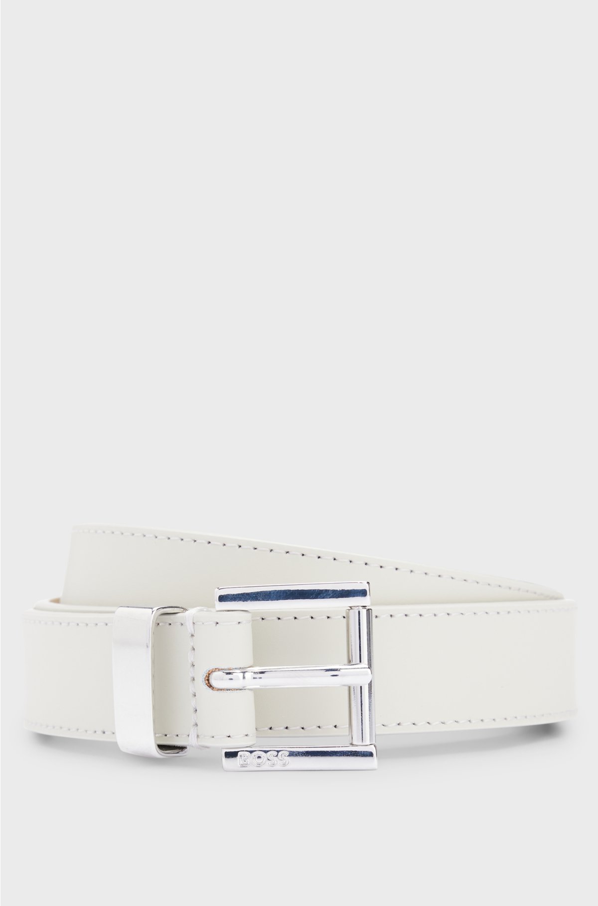 Italian-leather belt with engraved logo buckle, Natural