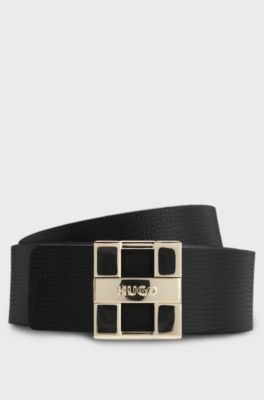 Cintura in pelle italiana con lettere logo in metallo, Marrone / Nero