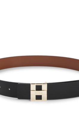 Cintura reversibile in pelle italiana con fibbia con logo, Marrone / Nero