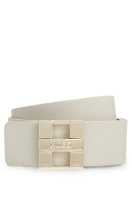 Italian leather belt with metal logo letters, Natural