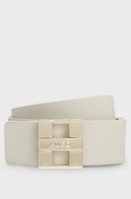 Italian leather belt with metal logo letters, Natural