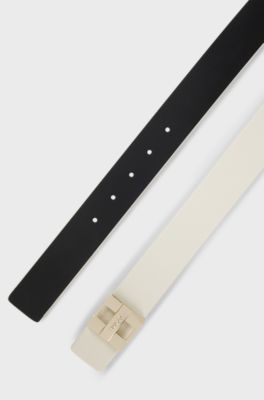 Italian leather belt with metal logo letters, Natural