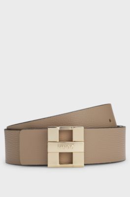 Reversible leather belt with metal logo letters, Beige
