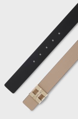 Reversible leather belt with metal logo letters, Beige