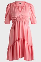 V-neck dress in hammered satin with volant hem, Pink