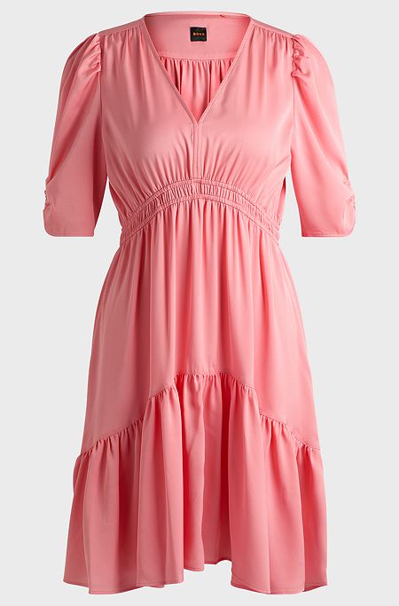 V-neck dress in hammered satin with volant hem, Pink