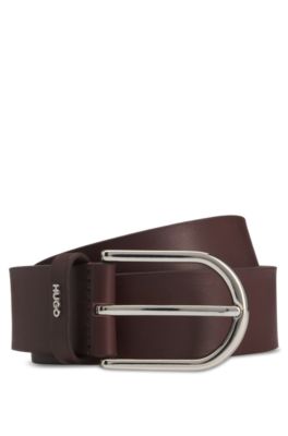 Leather belt with logo-lettering keeper, Dark Brown