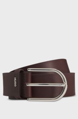 Leather belt with logo-lettering keeper, Dark Brown