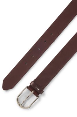 Leather belt with logo-lettering keeper, Dark Brown