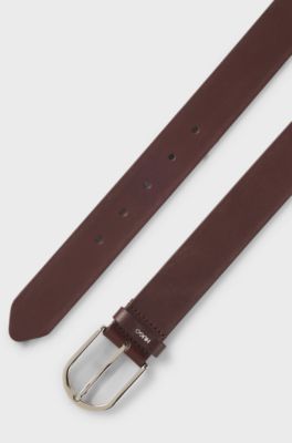 Leather belt with logo-lettering keeper, Dark Brown