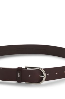 Leather belt with logo-lettering keeper, Dark Brown