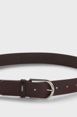 Leather belt with logo-lettering keeper, Dark Brown