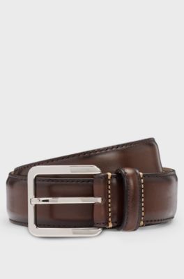 Business belt in Italian leather with brass buckle, Dark Brown