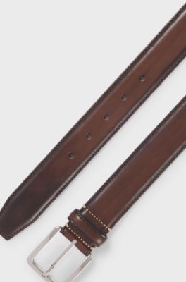 Business belt in Italian leather with brass buckle, Dark Brown