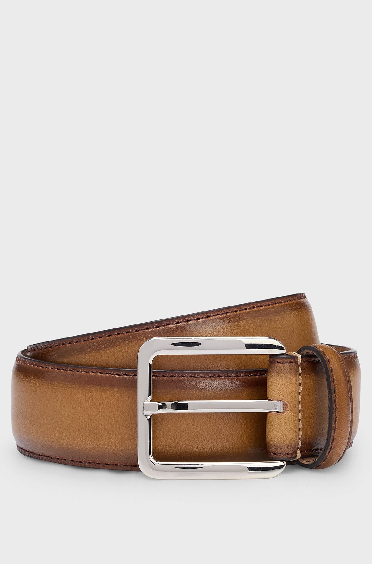 Italian-leather belt with contrast stitching, Brown