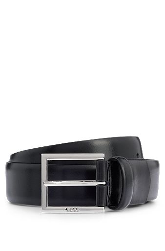Leather belt with square logo-engraved buckle, Black