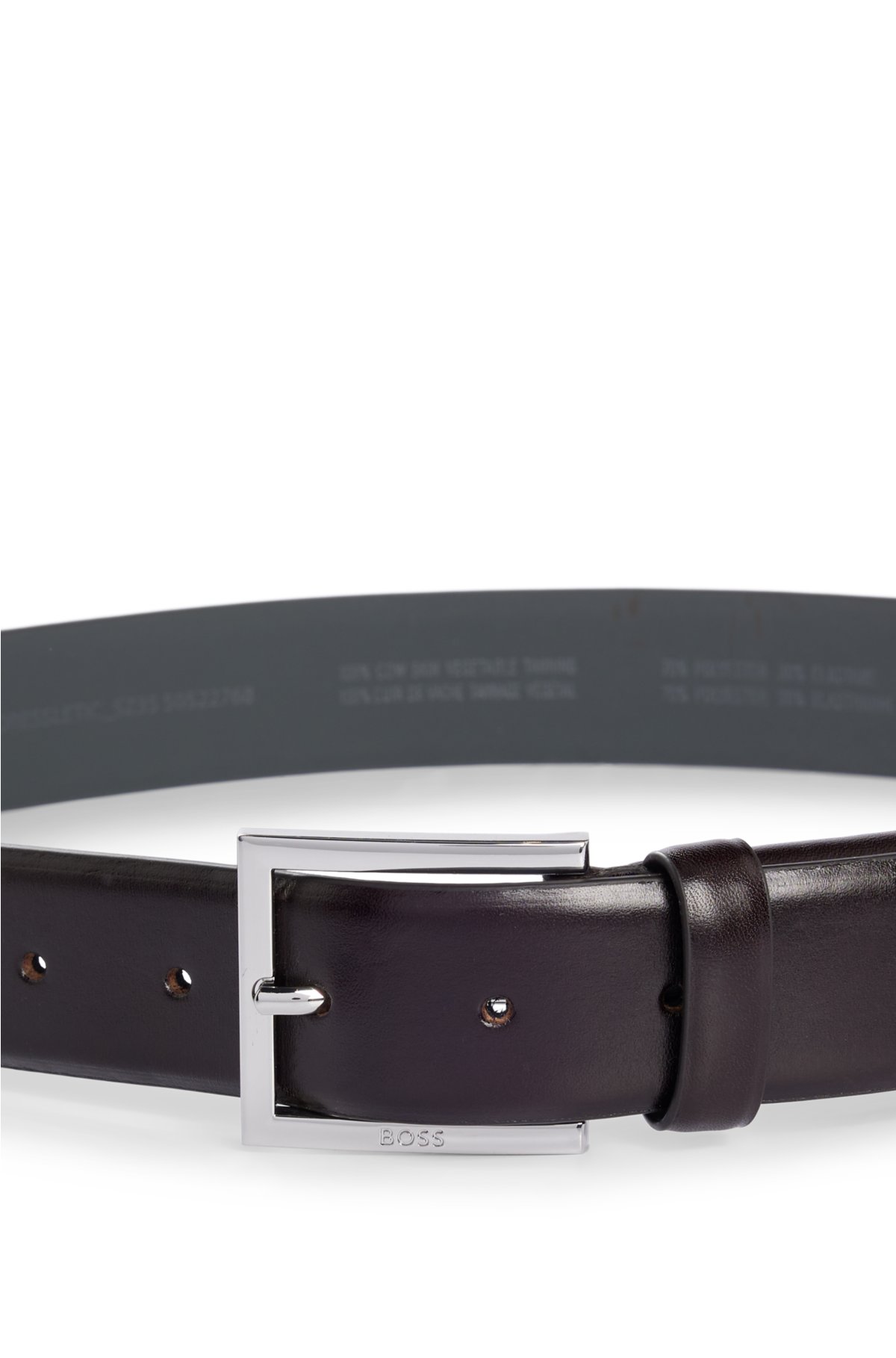 Leather belt with square logo-engraved buckle, Dark Brown