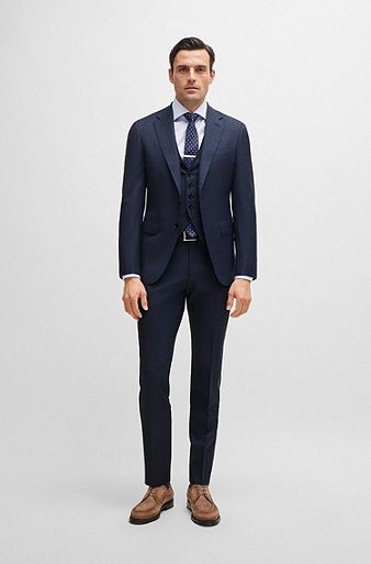 Slim-fit suit in checked virgin wool, Dark Blue