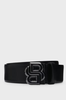 Italian-leather belt with Double B monogram buckle, Black