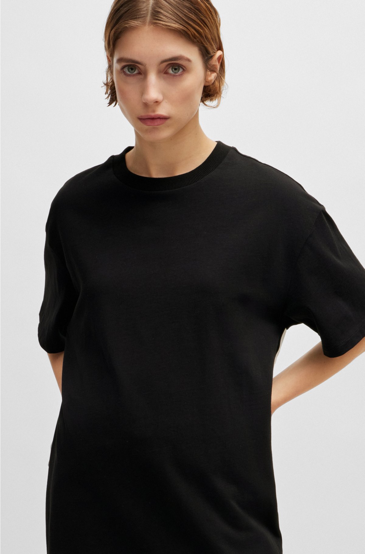 Cotton-jersey T-shirt dress with logo tape, Black