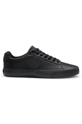 Faux-leather trainers with plain and grained textures, Black
