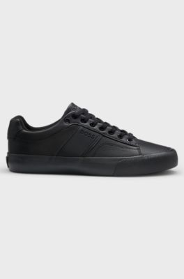 Faux-leather trainers with plain and grained textures, Black