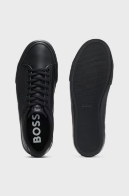 Faux-leather trainers with plain and grained textures, Black