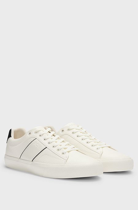 Faux-leather trainers with plain and grained textures, White