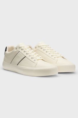 Faux-leather trainers with plain and grained textures, White